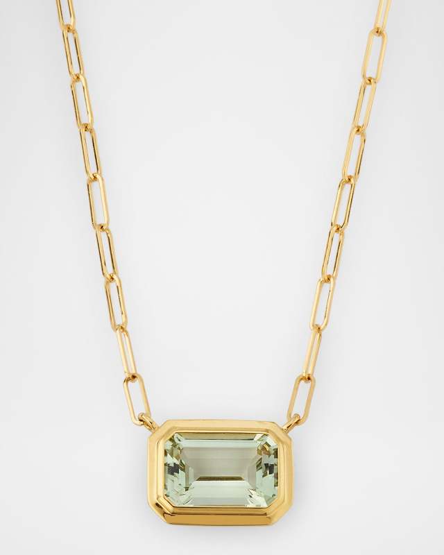 Manhattan Prasiolite Emerald Cut Bezel Set Pendant Necklace in 18K Yellow Gold
